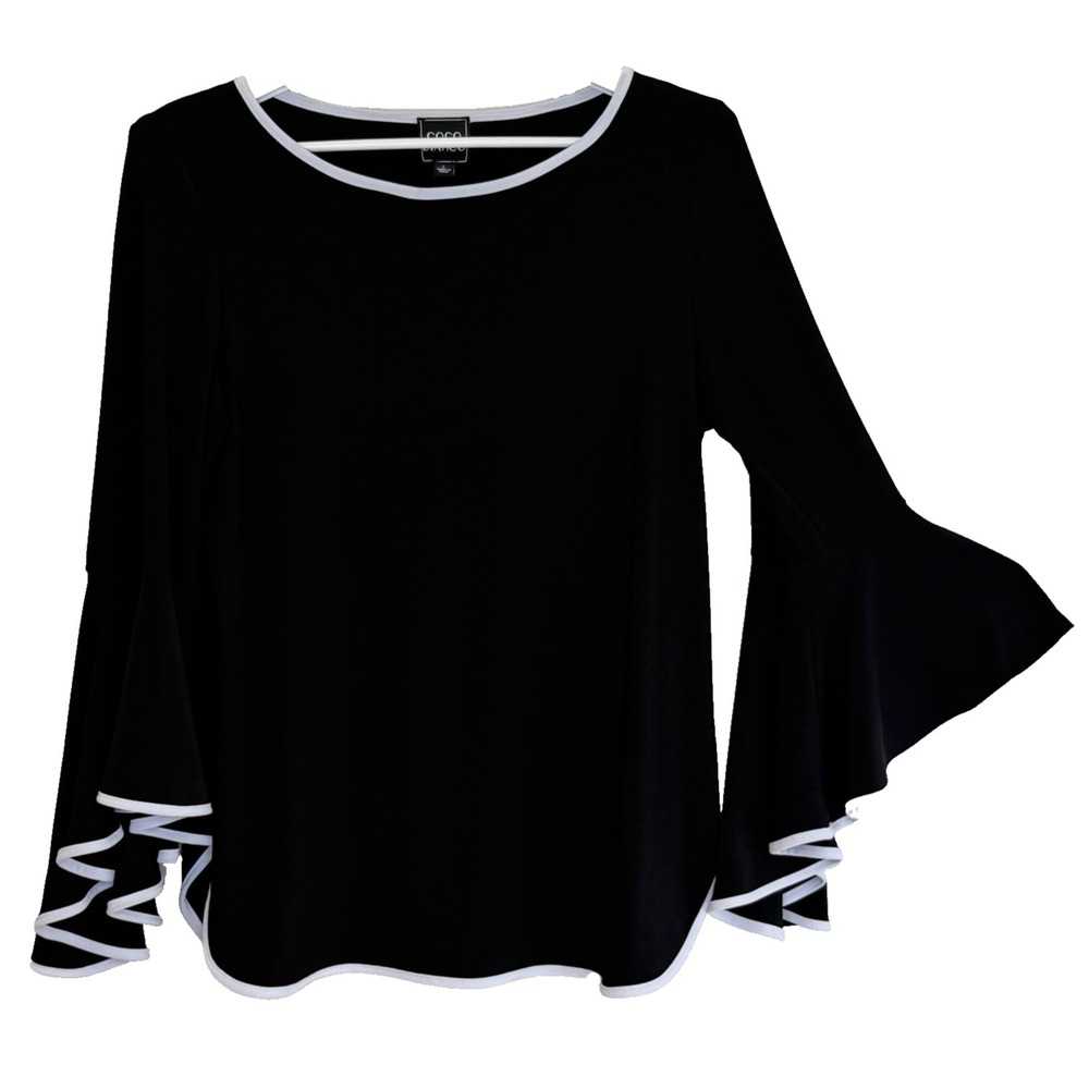 Coco Bianco Top Blouse Womens Size Large Black w/ White Trim Long Bell Sleeve
